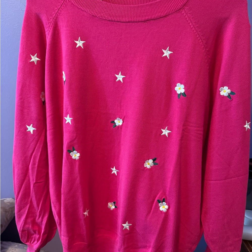 Umgee Hot Pink Embroidered Star & Flower Crewneck Sweater - Picture 4 of 7